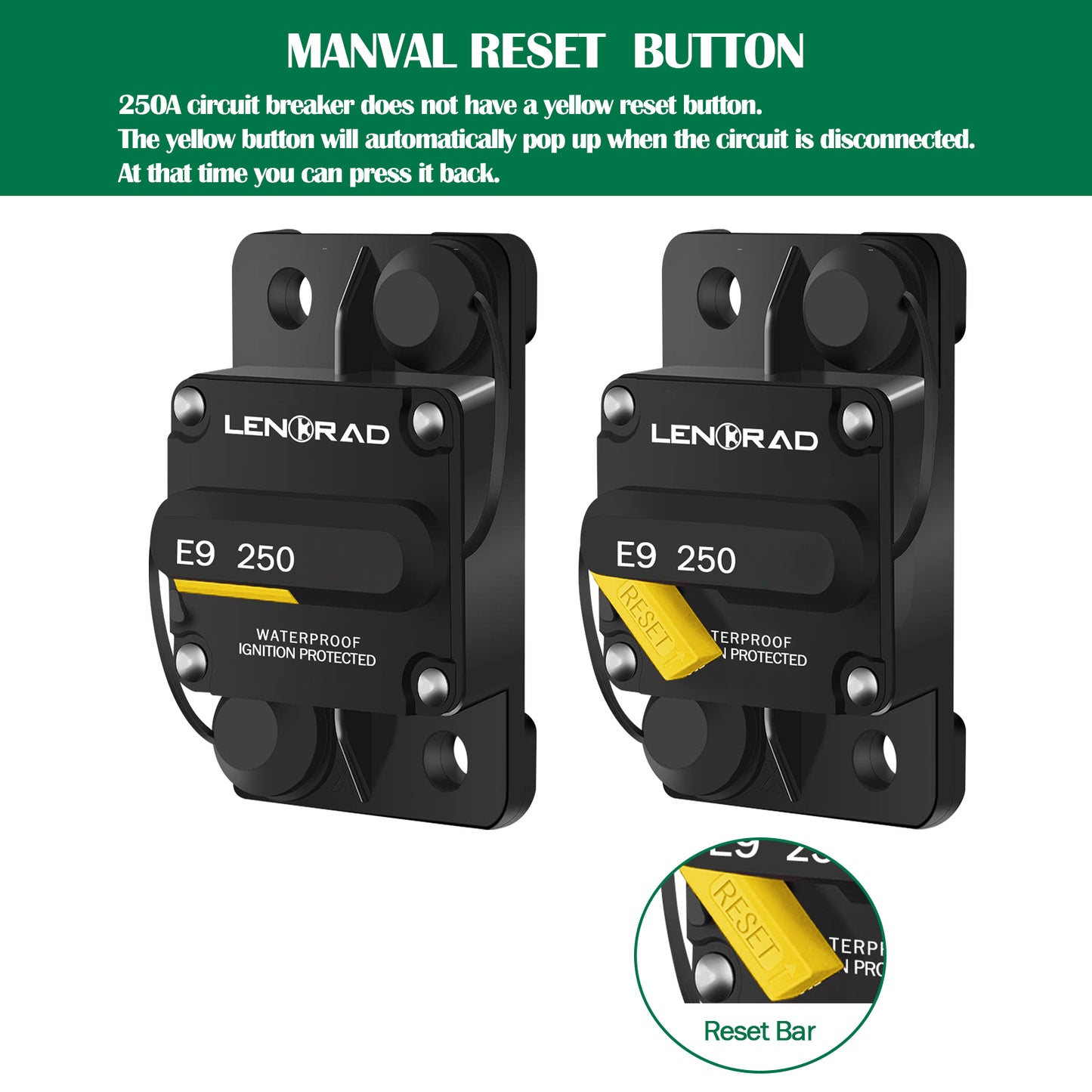 LENKRAD 250 Amp Circuit Breaker with Manual Reset Switch Button for Marine RV Yacht, 12V - 48V DC, Waterproof(Surface Mount) - THALASSA