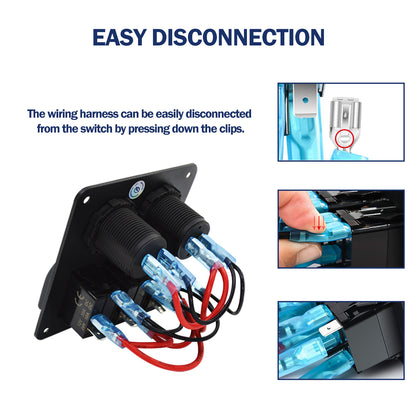 GenuineMarine-THALASSA  3 Gang Rocker Switch Panel 12V 24VDC Waterproof Multi-Function Aluminum Alloy with Dual USB Charger Socket & Cigarette Lighter Socket for Cars Rvs Trucks - THALASSA