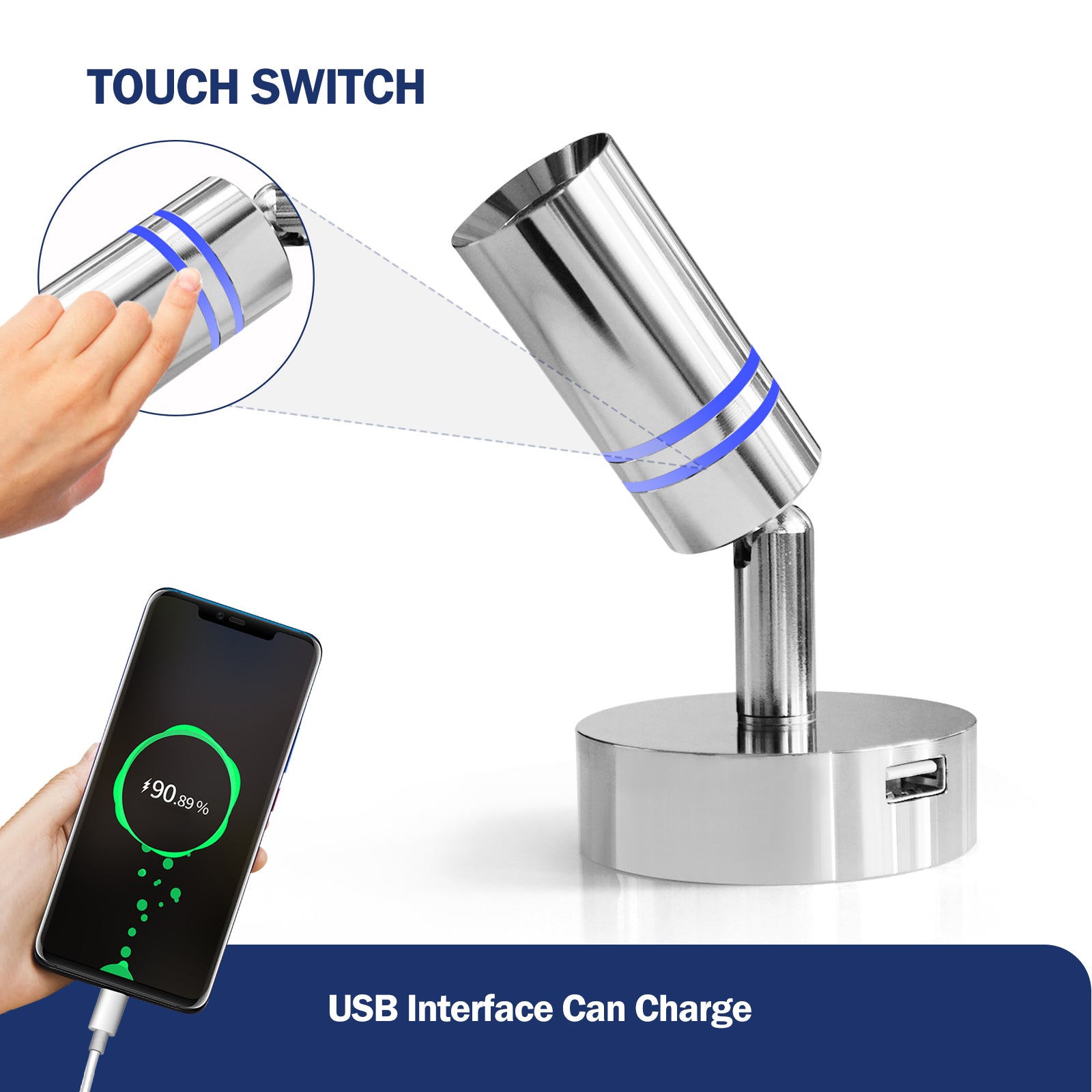 THALASSA 2pk Touch Adjustable Switch 90° LED Reading Light with USB for Yacht Ship Villa Hotel - THALASSA