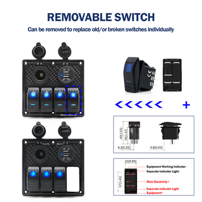 GenuineMarine 3/4 Gang Rocker Switch Panel 12V LED Lighted Fuse Breaker Protected - THALASSA