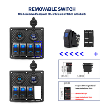 THALASSA 4/6 Gang Rocker Switch Panel, 12V/24V Waterproof Blue LED Lighted Toggle Fuse Breaker Protected Control with 12 Volt Marine USB Power Outlet for Car Boat RV Scooter Truck Vehicles - THALASSA
