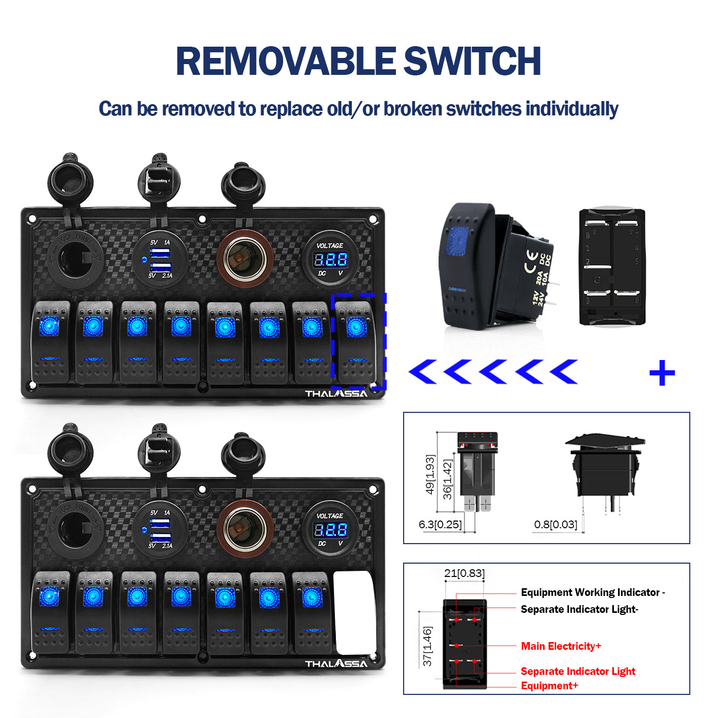 THALASSA 8 Gang Red/Blue Light 12V ON/Off Rocker Switch Panel  Waterproof, Digital Voltmeter Display Dual USB Charger Port Lighted Switch with 15A Fusefor for RV Car Vehicles Truck Boat - THALASSA