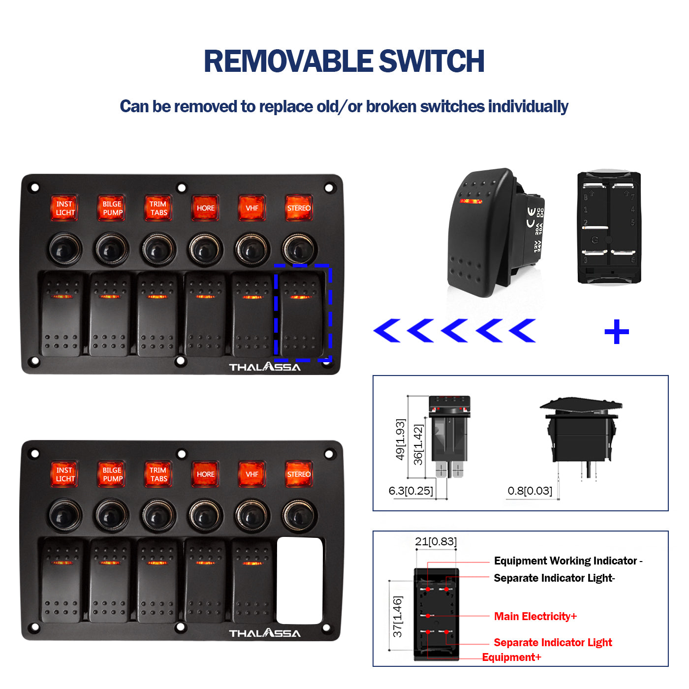 GenuineMarine-THALASSA 4/8 Gang Pre Wired Rocker Switch Panel - Waterproof On/Off Toggle Rocker, 12V 24V with Fuse, Circuit Breaker with 3 Pin Red LED Indicator for RV, Cars, Marine, Boat - THALASSA