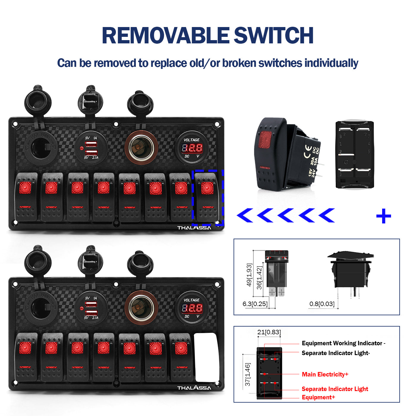 THALASSA 8 Gang Red/Blue Light 12V ON/Off Rocker Switch Panel  Waterproof, Digital Voltmeter Display Dual USB Charger Port Lighted Switch with 15A Fusefor for RV Car Vehicles Truck Boat - THALASSA