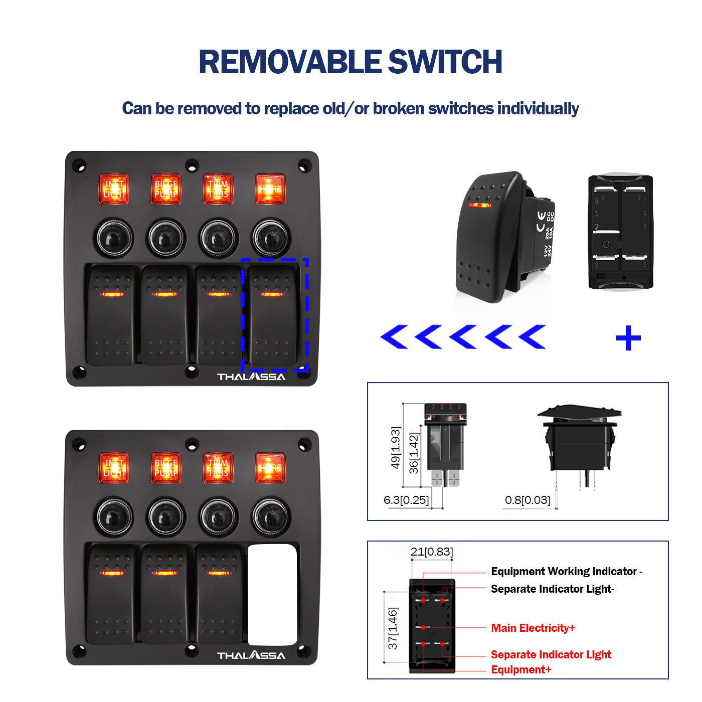 GenuineMarine 4/6/8 Gang Rocker Switch Panel Waterproof with Fuse for Yacht Boat - THALASSA