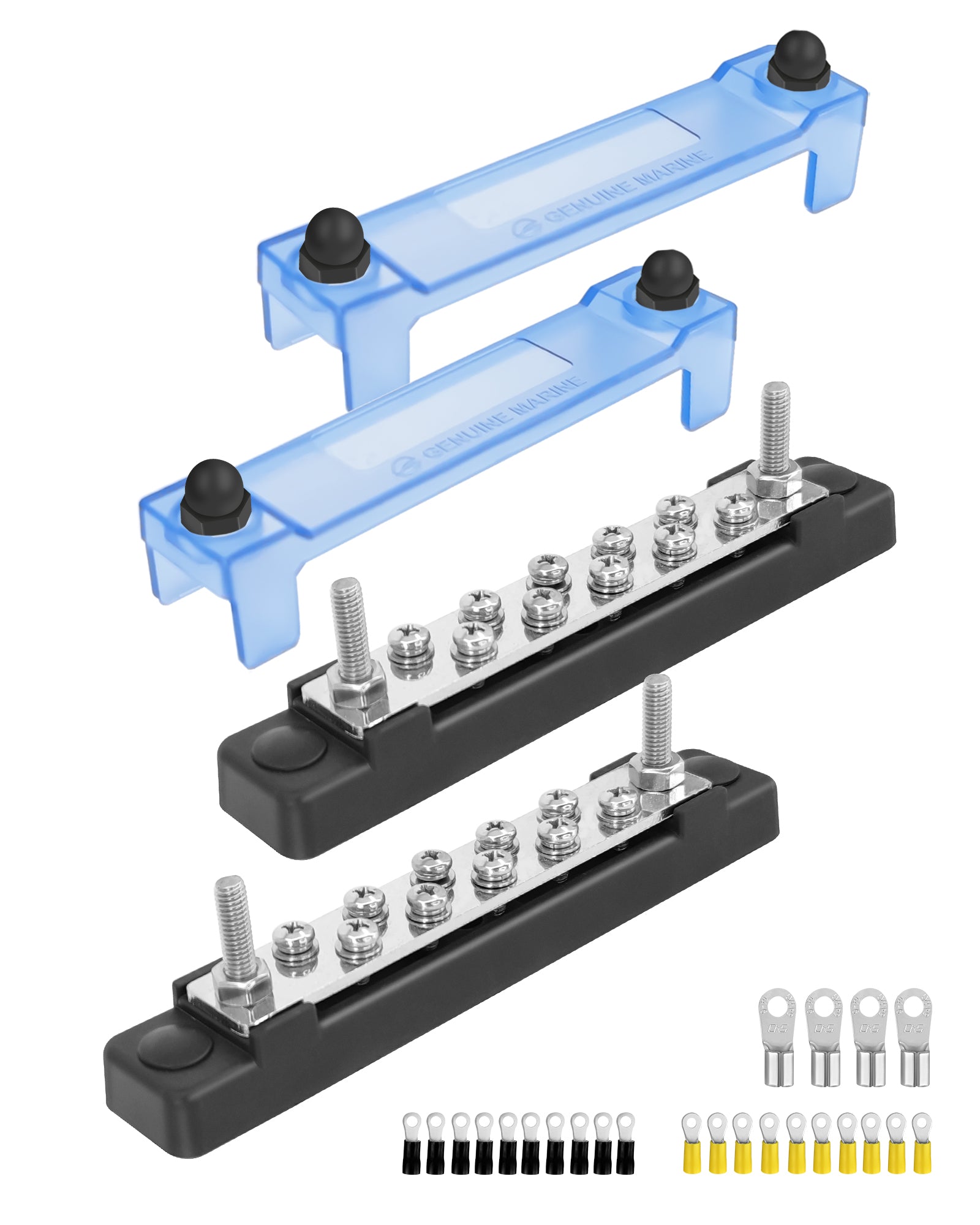 LENKRAD 2 Packs 150A Battery Bus Bar - 10 Terminal Power Distribution Block Bus Bars with Ring Terminals, 10 Way 8/32" Screws, 2 Way 1/4" Studs
