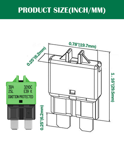 LENKRAD 30 Amp Breaker Fuse Low Profile ATC/ATO 30A Resettable Fuse 12V-32V DC, Fuse Kit 5 Packs - THALASSA