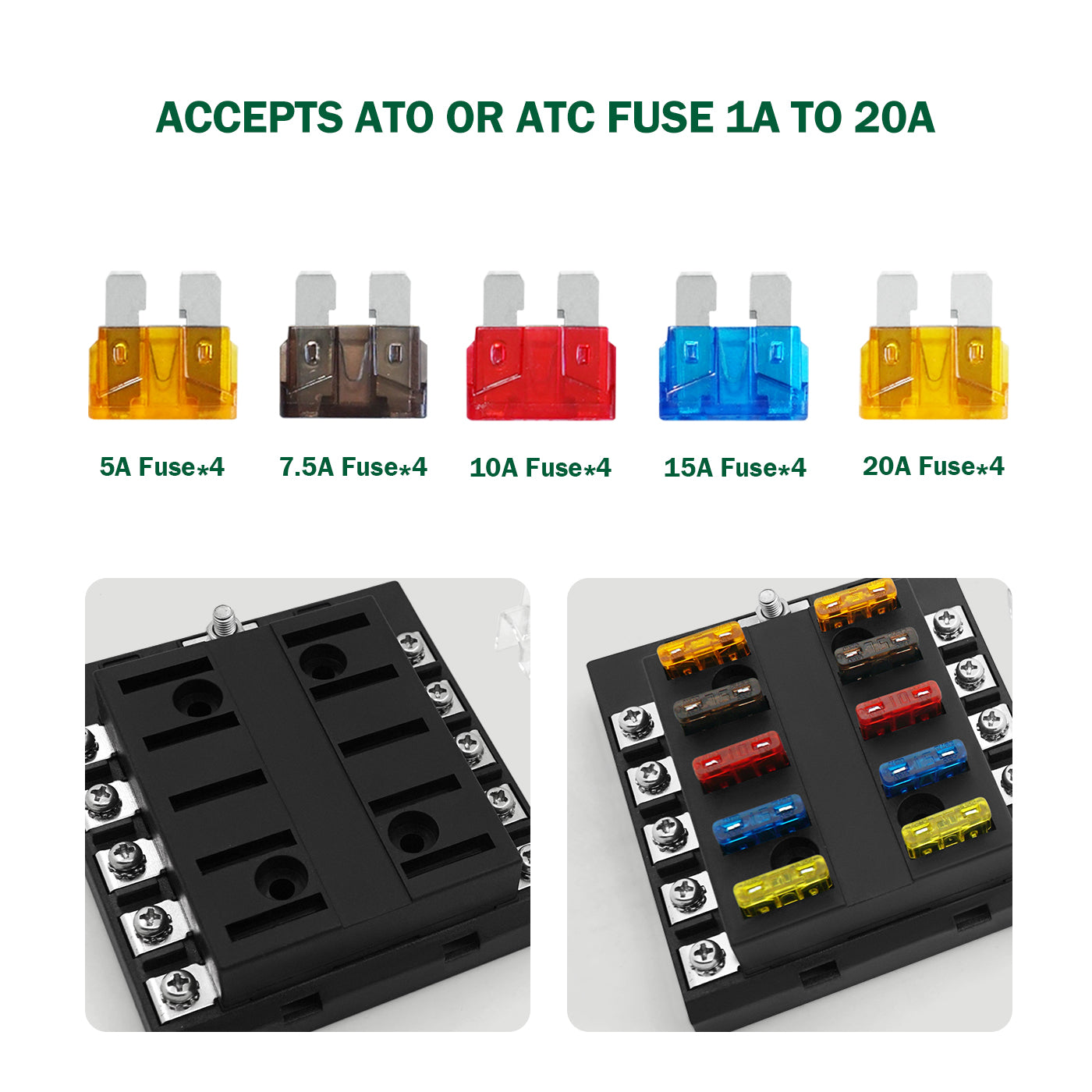 GenuineMarine 12-Way 32V Waterproof Blade ATO/ATC/ATS Fuse BlockLED Warning Indicator Damp-Proof Cover - 12 Circuits with Negative Bus Fuse Box Holder for RV SUV Car Truck Boat - THALASSA
