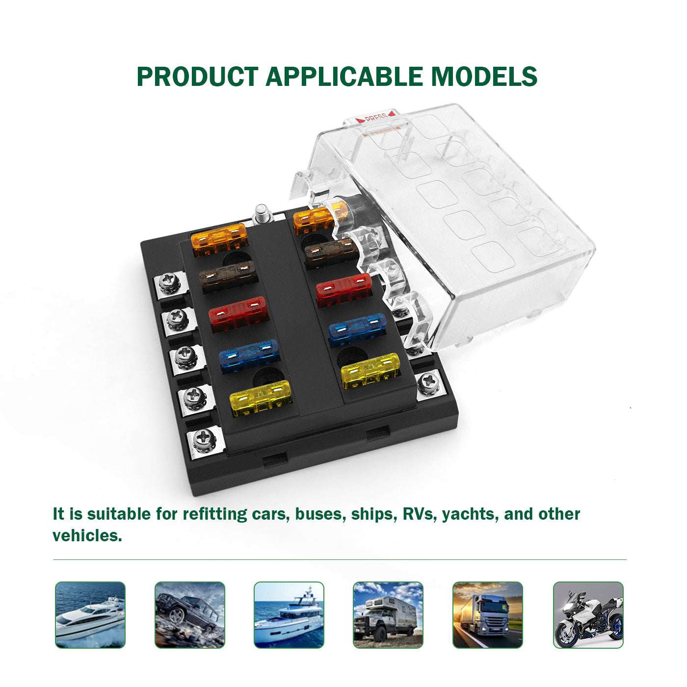 GenuineMarine 12-Way 32V Waterproof Blade ATO/ATC/ATS Fuse BlockLED Warning Indicator Damp-Proof Cover - 12 Circuits with Negative Bus Fuse Box Holder for RV SUV Car Truck Boat - THALASSA