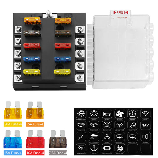 GenuineMarine 12-Way 32V Waterproof Blade ATO/ATC/ATS Fuse BlockLED Warning Indicator Damp-Proof Cover - 12 Circuits with Negative Bus Fuse Box Holder for RV SUV Car Truck Boat - THALASSA