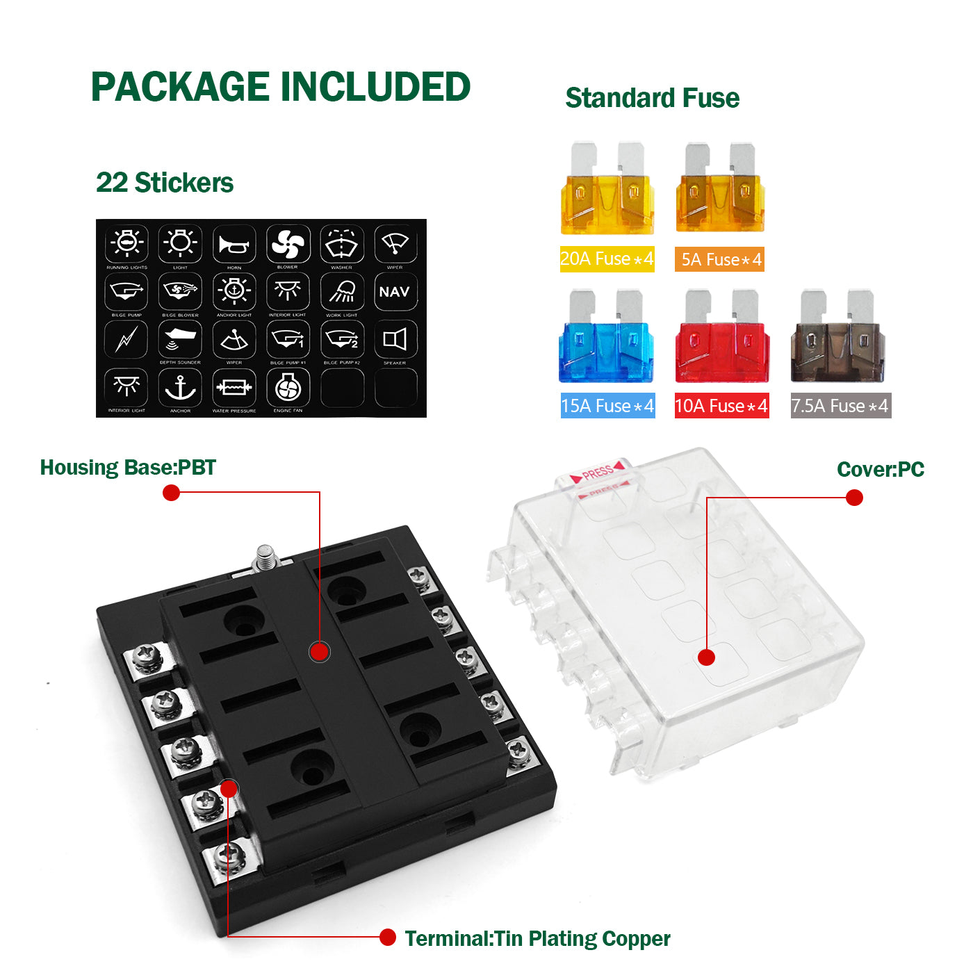 GenuineMarine 12-Way 32V Waterproof Blade ATO/ATC/ATS Fuse BlockLED Warning Indicator Damp-Proof Cover - 12 Circuits with Negative Bus Fuse Box Holder for RV SUV Car Truck Boat - THALASSA