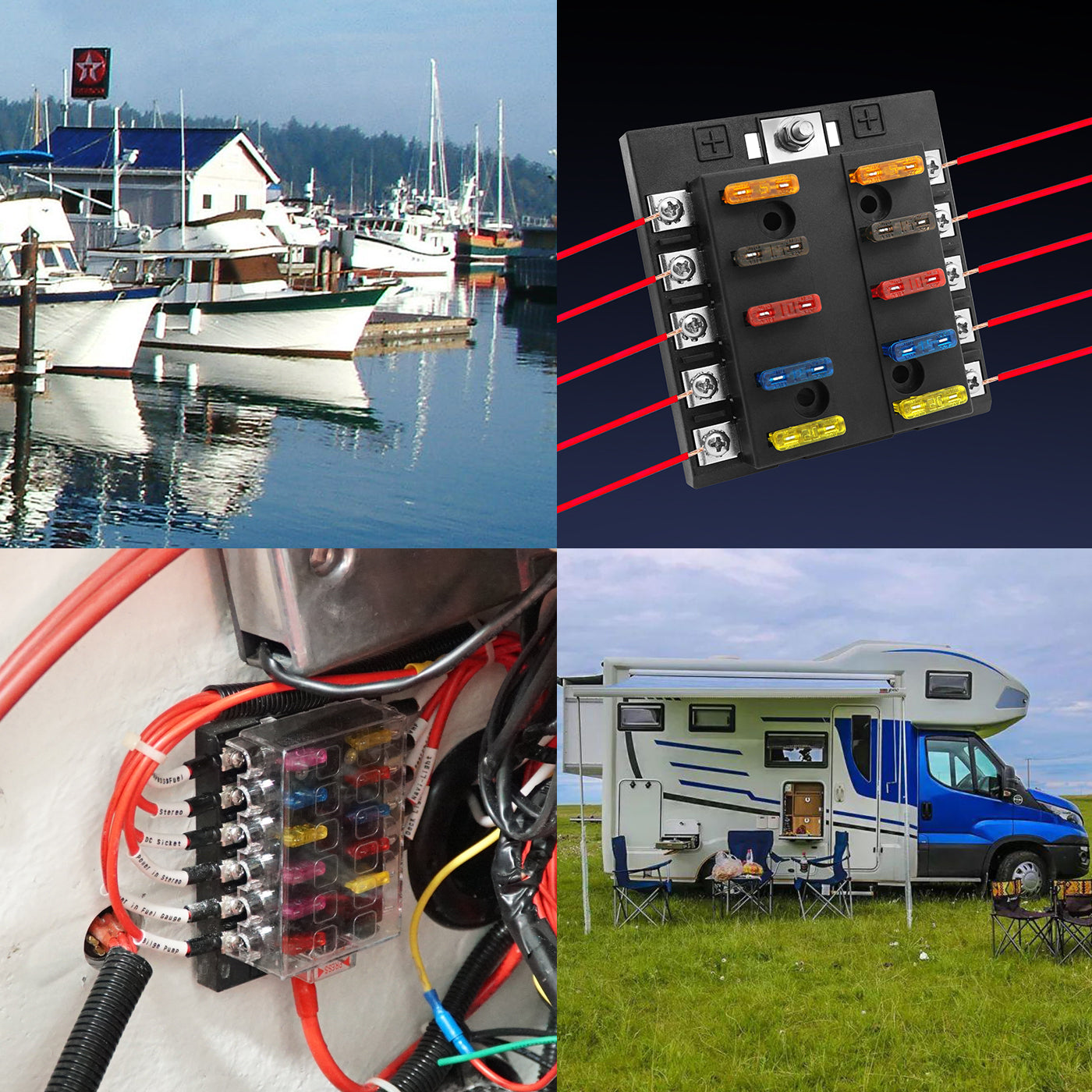 GenuineMarine 12-Way 32V Waterproof Blade ATO/ATC/ATS Fuse BlockLED Warning Indicator Damp-Proof Cover - 12 Circuits with Negative Bus Fuse Box Holder for RV SUV Car Truck Boat - THALASSA