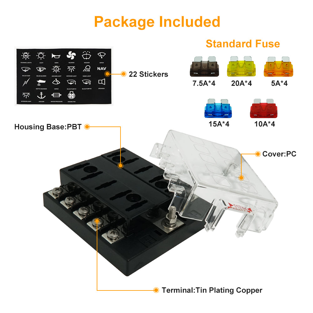 10 Circuit RV Blade Fuse Box Holder with Waterproof Cover - GenuineMarine