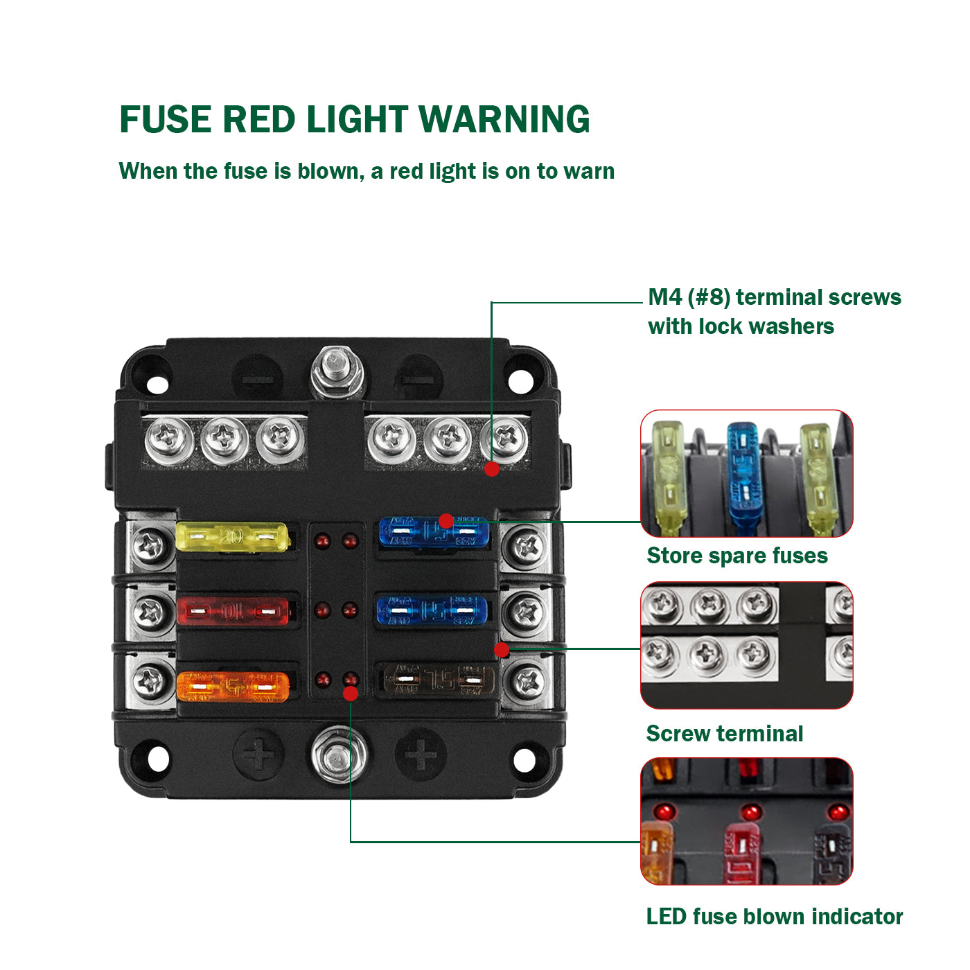 6 Way Blade ATO/ATC Fuse Blocks with Negative Bus Fuse Box, Protection Cover, Bolt Connect Terminals, Labels Sticker for Automotive Car Marine RV Truck(12 PCS Fuses) - THALASSA