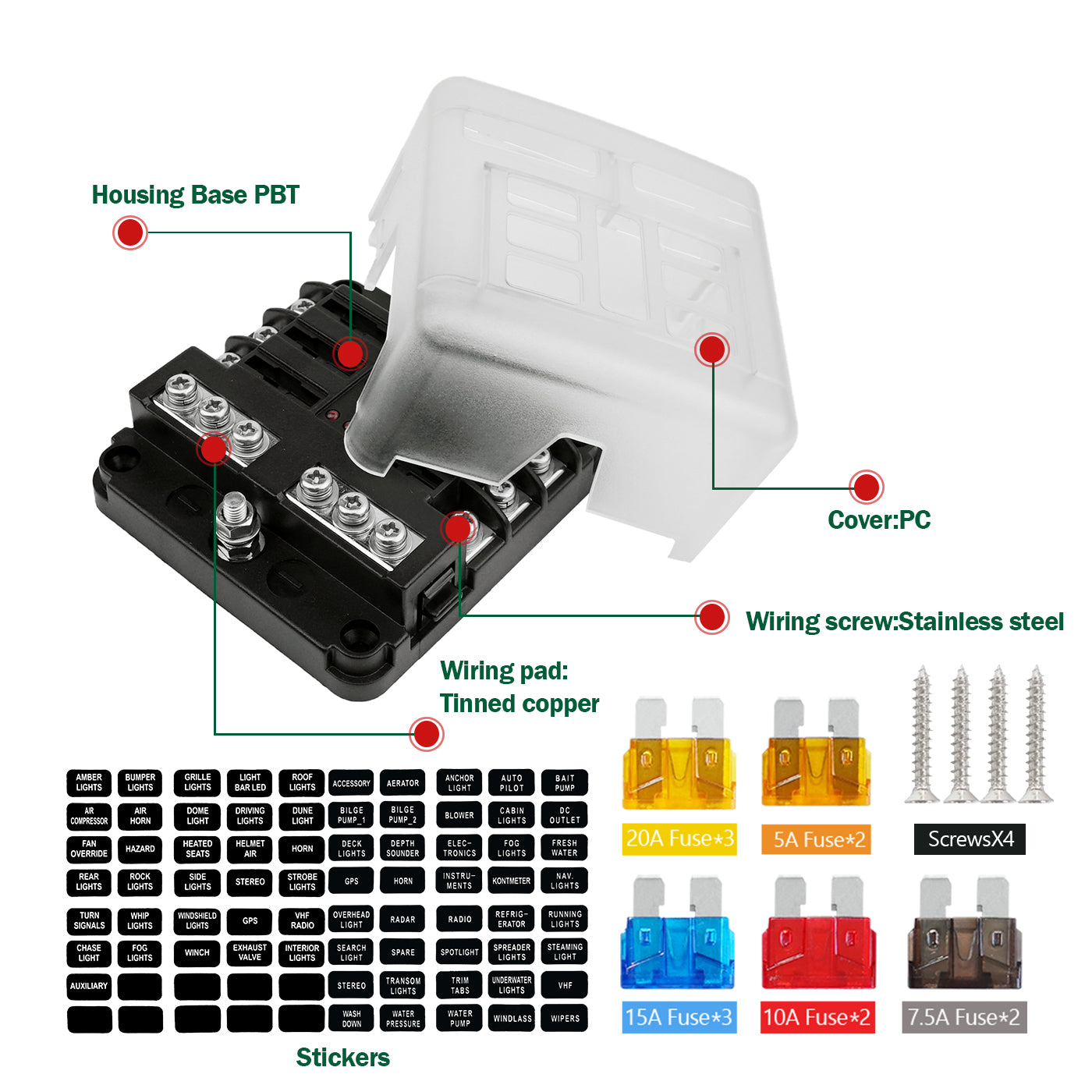 6 Way Blade ATO/ATC Fuse Blocks with Negative Bus Fuse Box, Protection Cover, Bolt Connect Terminals, Labels Sticker for Automotive Car Marine RV Truck(12 PCS Fuses) - THALASSA