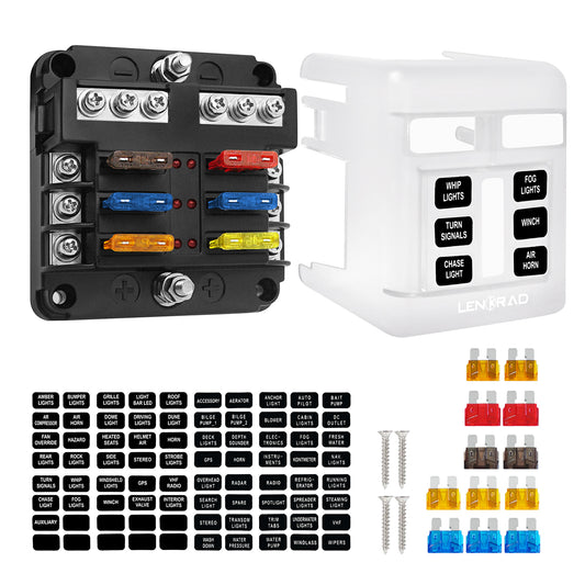 6 Way Blade ATO/ATC Fuse Blocks with Negative Bus Fuse Box, Protection Cover, Bolt Connect Terminals, Labels Sticker for Automotive Car Marine RV Truck(12 PCS Fuses) - THALASSA