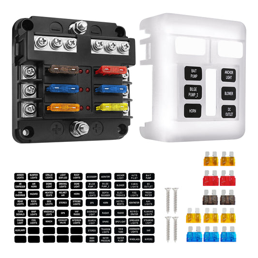 LENKRAD 12 Volt Fuse Block, Marine Fuse Panel with LED Indicator, 6 Circuits with Negative Bus Fuse Box for Car Marine RV Truck DC 12-24V, Fuses Included, Durable Protection Cover, Sticker Lable - THALASSA
