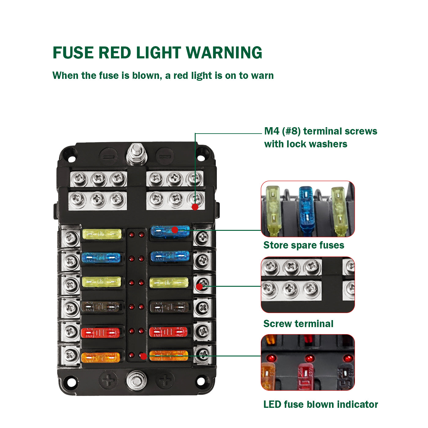GenuineMarine 12-Way ATC/ATO/ATS Blade Fuse Box Holder with Negative Ground Connections, LED Warning Indicator, Standard Fuse, Bolt Connect Terminals, 30A Per Circuit, for RV Auto Truck Vehicle - THALASSA
