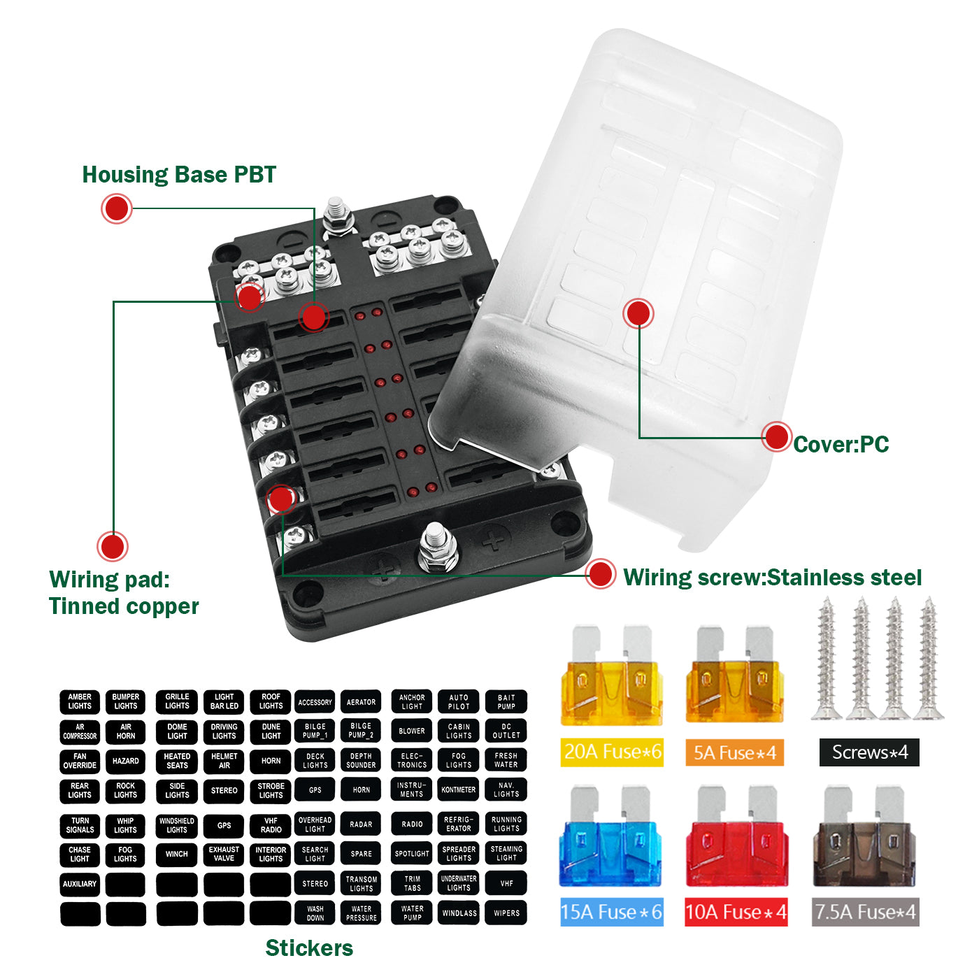 LENKRAD 12 Way Automotive Fuse Block with Negative Bus 12V Blade Fuse Holder ATC/ATO Standard Fuse Box, Waterproof Cover, Bolt Connect Terminals, Label Stickers for Automotive Cars Trucks RV Campers - THALASSA