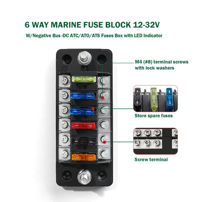 LENKRAD 6 Way Automotive Fuse Block with Negative Bus 12V Blade Fuse Holder ATC/ATO Standard Fuse Box, Waterproof Cover, Bolt Connect Terminals, Label Stickers for Automotive Cars Trucks RV Campers - THALASSA