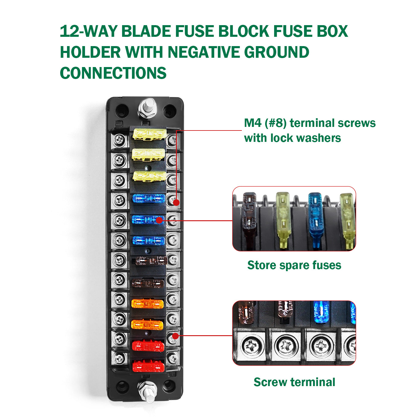 LENKRAD 12 Way Fuse Block Blade Fuse Box with LED Warning Indicator, 12 Circuits ATC/ATO with Negative Bus, Protection Cover, Bolt Connect Terminals, Sticker Labels for Car Marine RV Truck - THALASSA
