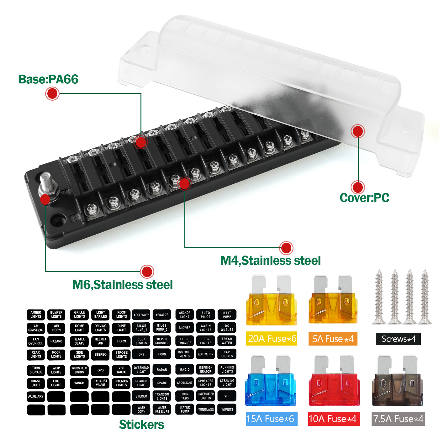 LENKRAD 12 Way Fuse Block Blade Fuse Box with LED Warning Indicator, 12 Circuits ATC/ATO with Negative Bus, Protection Cover, Bolt Connect Terminals, Sticker Labels for Car Marine RV Truck - THALASSA