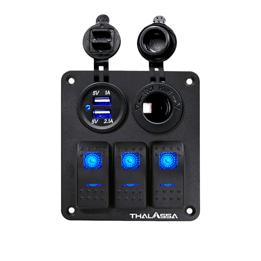 GenuineMarine-THALASSA  3 Gang Rocker Switch Panel 12V 24VDC Waterproof Multi-Function Aluminum Alloy with Dual USB Charger Socket & Cigarette Lighter Socket for Cars Rvs Trucks - THALASSA