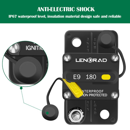 LENKRAD 180 Amp Circuit Breaker 12V with Manual Reset Switch Button for Boat Marine RV Yacht, Boat Circuit Breakers 12V - 48V DC, Waterproof(Surface Mount) - THALASSA