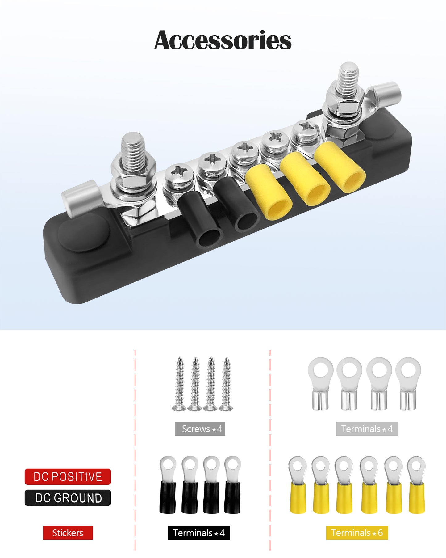 LENKRAD Bus Bar 12V 2 x 10/32” Studs and 5 x 8/32” Screw Terminals, Power Distribution Block with Ring Terminals 100 Amp Rating, 12V - 48V Positive & Negative for Automotive Car Boat Solar System - THALASSA