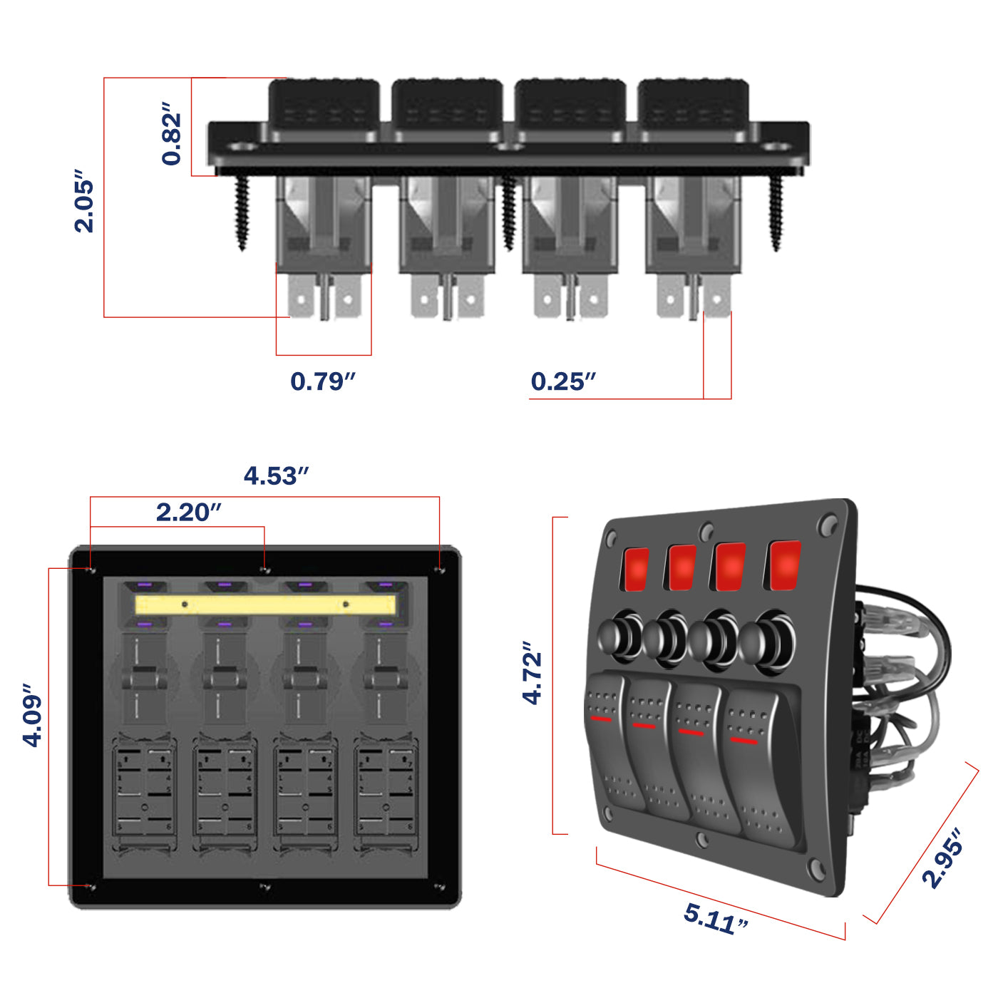 GenuineMarine 4/6/8 Gang Rocker Switch Panel Waterproof with Fuse for Yacht Boat - THALASSA