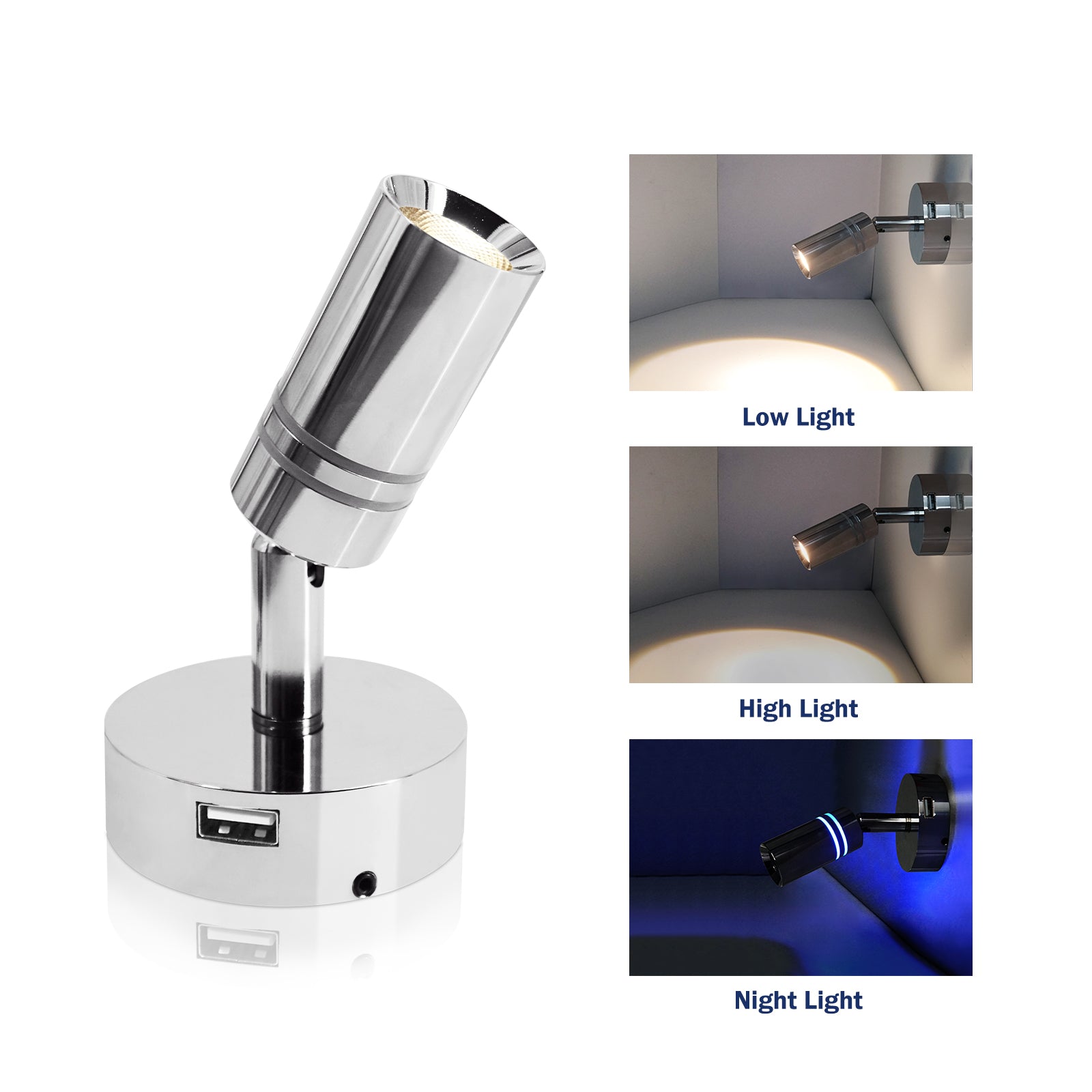 THALASSA 2pk Touch Adjustable Switch 90° LED Reading Light with USB for Yacht Ship Villa Hotel - THALASSA