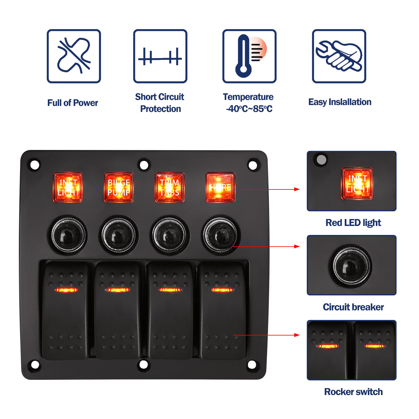 GenuineMarine 4/6/8 Gang Rocker Switch Panel Waterproof with Fuse for Yacht Boat - THALASSA