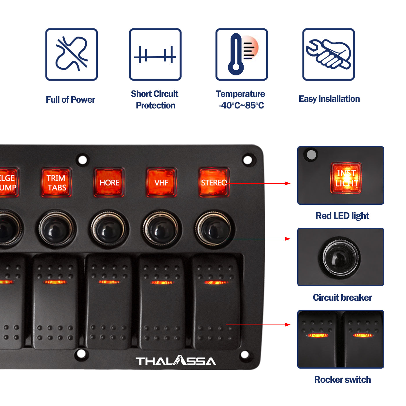 GenuineMarine-THALASSA 4/8 Gang Pre Wired Rocker Switch Panel - Waterproof On/Off Toggle Rocker, 12V 24V with Fuse, Circuit Breaker with 3 Pin Red LED Indicator for RV, Cars, Marine, Boat - THALASSA