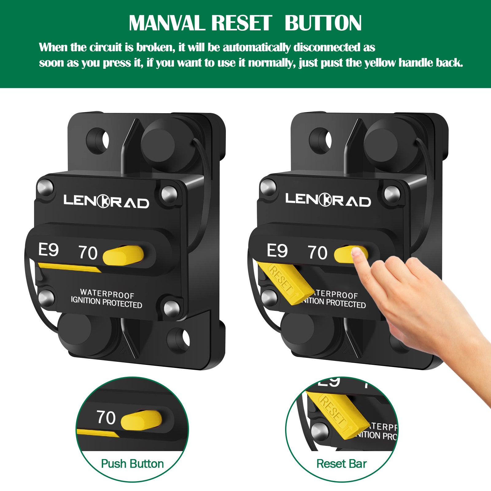 LENKRAD 70 Amp Circuit Breaker 12V with Manual Reset Switch Button for Boat Marine RV Yacht, Boat Circuit Breakers 12V - 48V DC, Waterproof(Surface Mount) - THALASSA