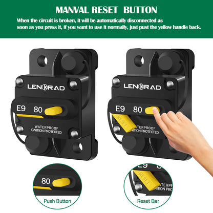 LENKRAD 80 Amp Circuit Breaker 12V with Manual Reset Switch Button for Boat Marine RV Yacht, Boat Circuit Breakers 12V - 48V DC, Waterproof(Surface Mount) - THALASSA