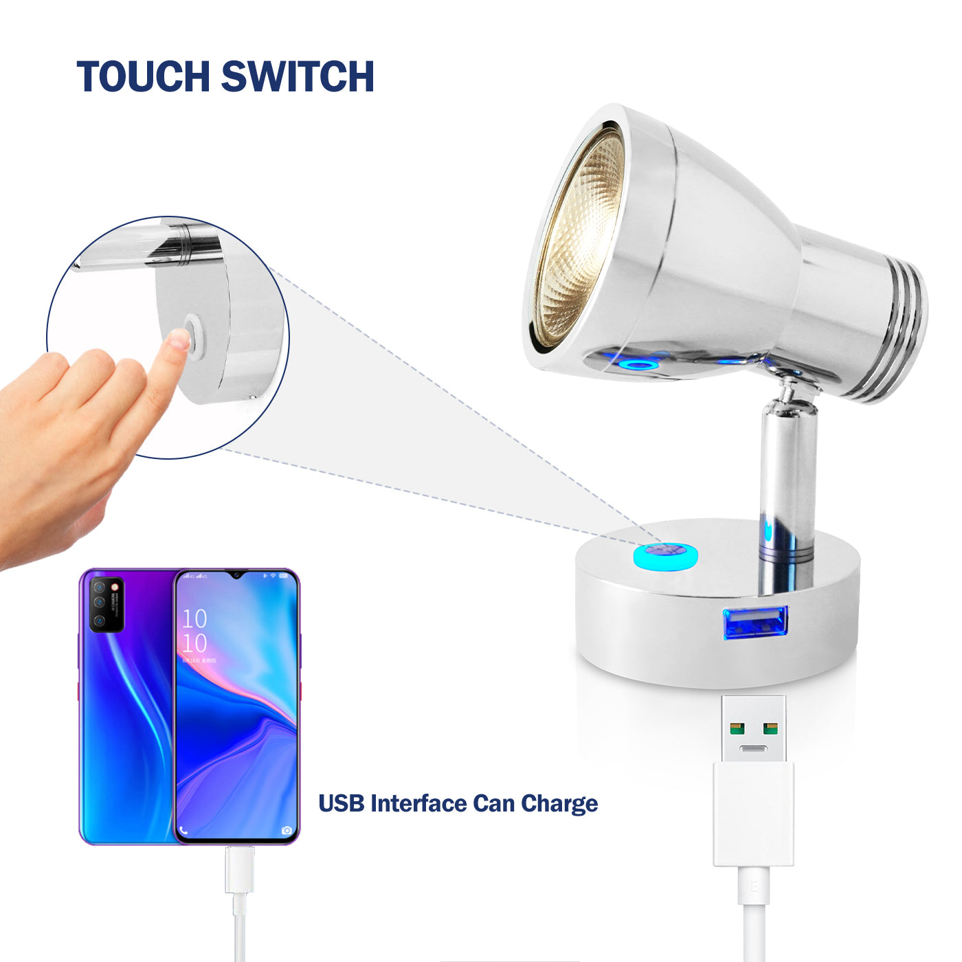 THALASSA 12V24V Touch Switch LED Reading Light Wall Lamp with/without USB for Yatch Boat RV - THALASSA