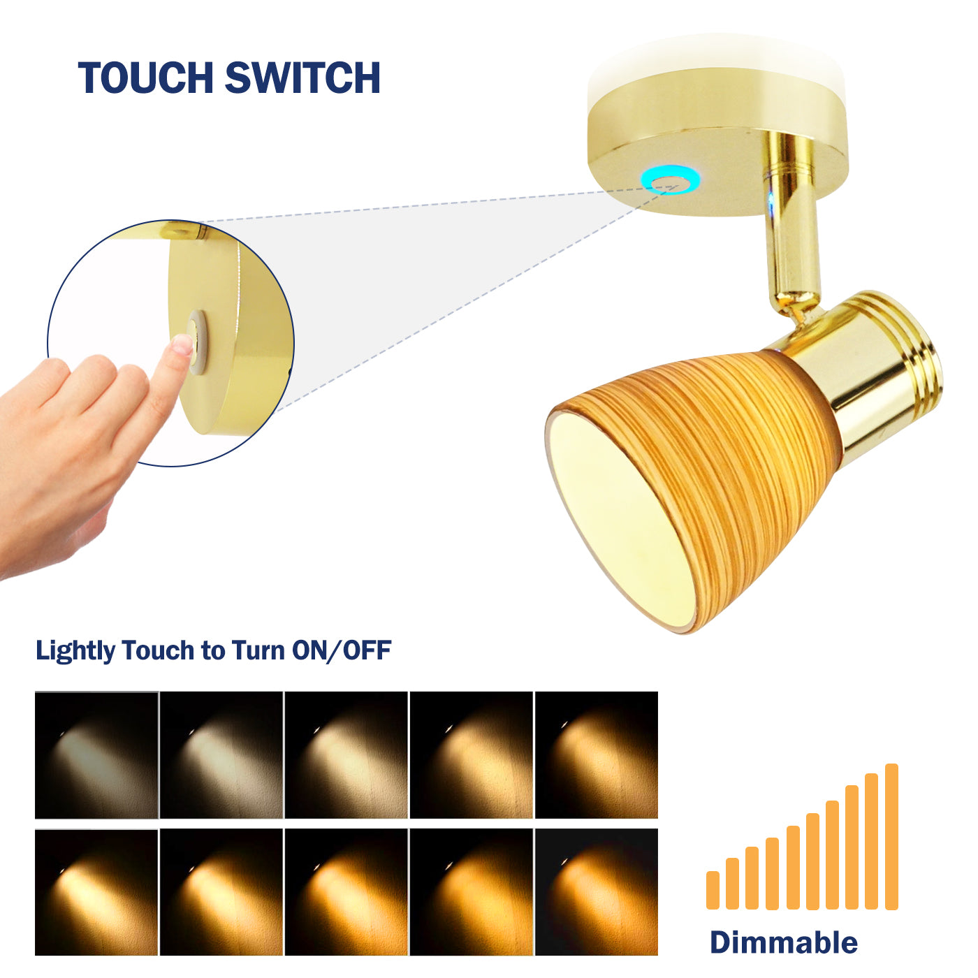 THALASSA 12V Reading Light Teak Color Glass Dimmer Touch Adjustable with/without USB Port - THALASSA