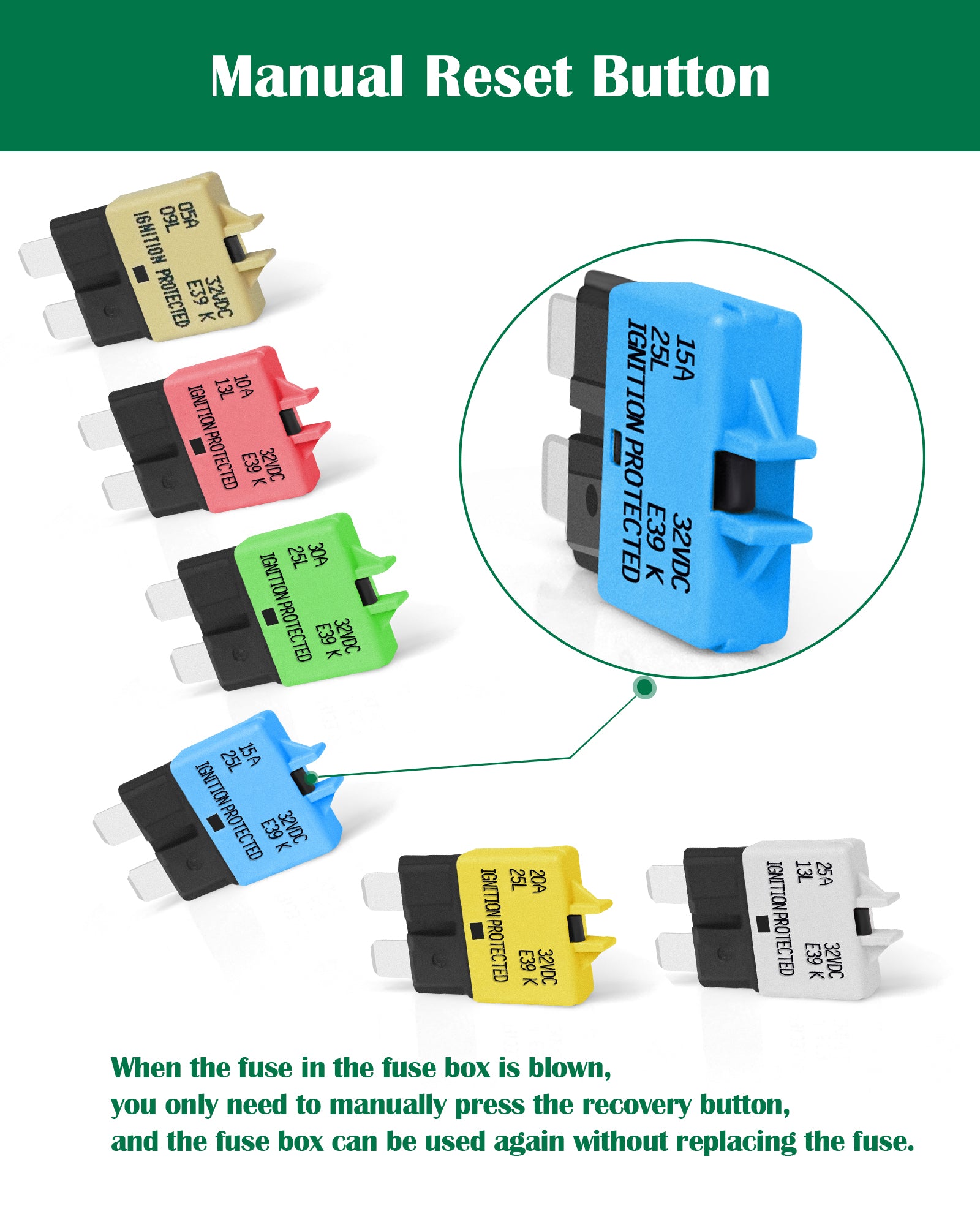 LENKRAD 6 Packs Fuse Circuit Breaker Low Profile ATC/ATO Resettable Fuse 5A 10A 15A 20A 25A 30A (Mixed), 12V-32V - THALASSA