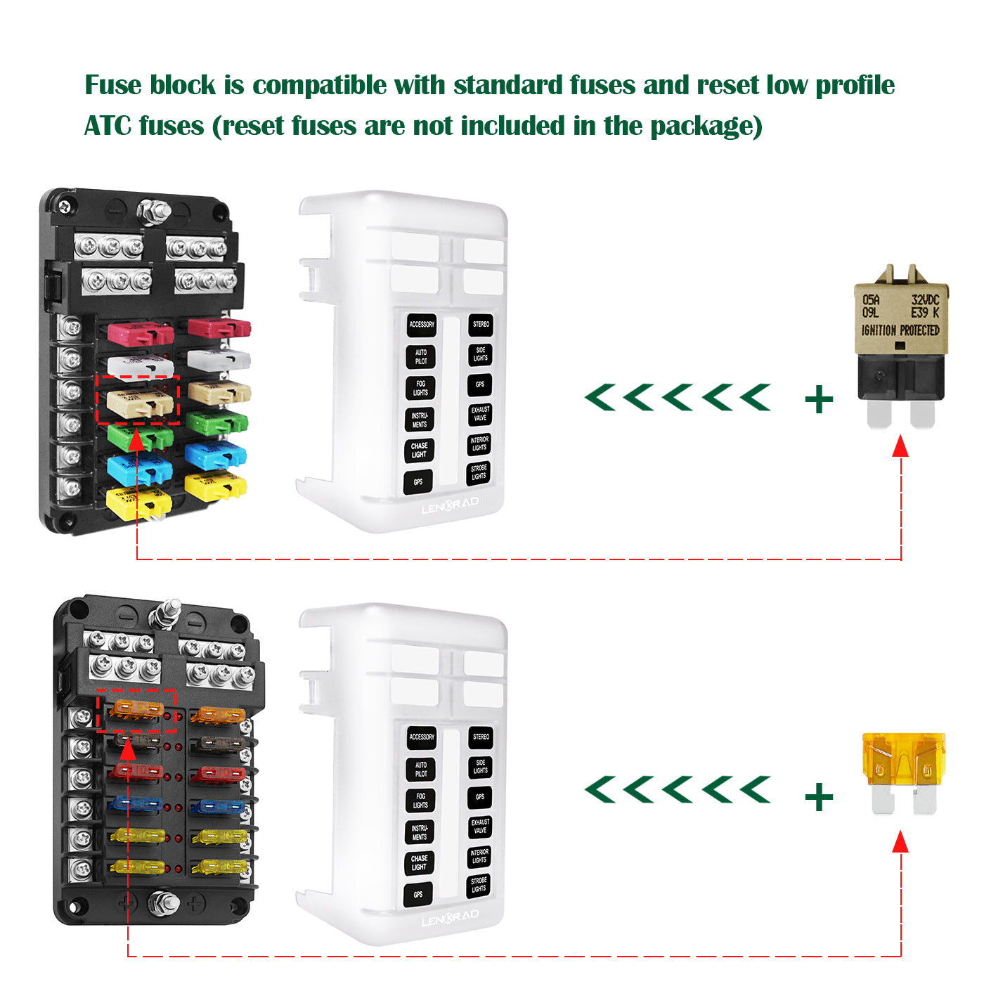 LENKRAD 12 Way Automotive Fuse Block with Negative Bus 12V Blade Fuse Holder ATC/ATO Standard Fuse Box, Waterproof Cover, Bolt Connect Terminals, Label Stickers for Automotive Cars Trucks RV Campers - THALASSA