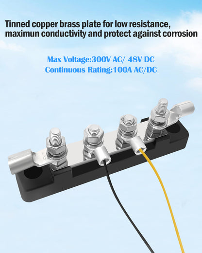 LENKRAD 4 Post Power Distribution Block Bus Bar with Cover, 4 x 10/32" Posts, 4 Terminal Bus Bars, 100 Amp Battery Terminal Distribution Block, 2 Packs - THALASSA