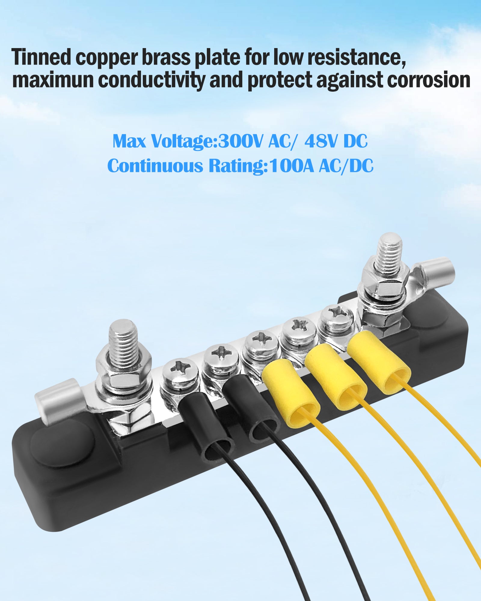 LENKRAD Bus Bar 12V 2 x 10/32” Studs and 5 x 8/32” Screw Terminals, Power Distribution Block with Ring Terminals 100 Amp Rating, 12V - 48V Positive & Negative for Automotive Car Boat Solar System - THALASSA
