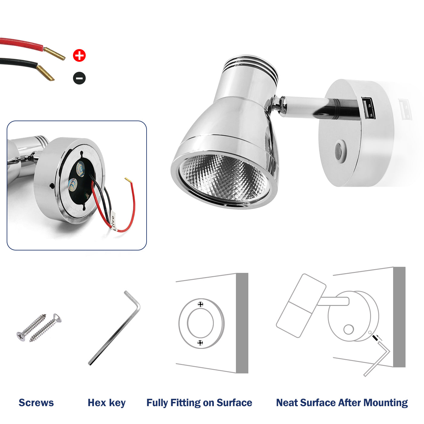 THALASSA 12V24V Touch Switch LED Reading Light Wall Lamp with/without USB for Yatch Boat RV - THALASSA