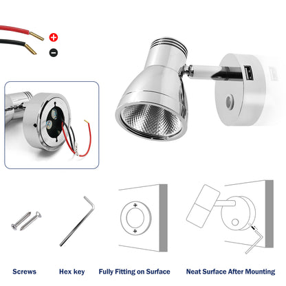 THALASSA 12V24V Touch Switch LED Reading Light Wall Lamp with/without USB for Yatch Boat RV - THALASSA