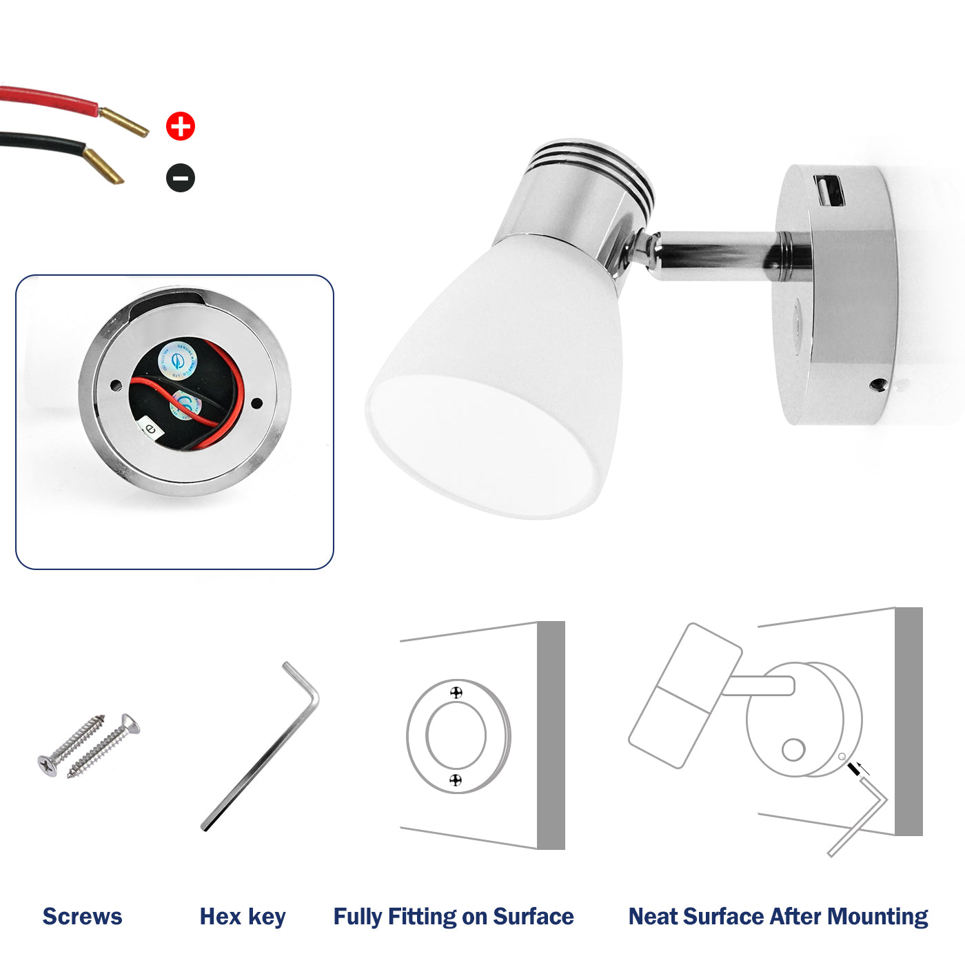 THALASSA 12V 3W Glass Shade Dimmer Reading Light with USB Port Warm White and In-build Switch - THALASSA