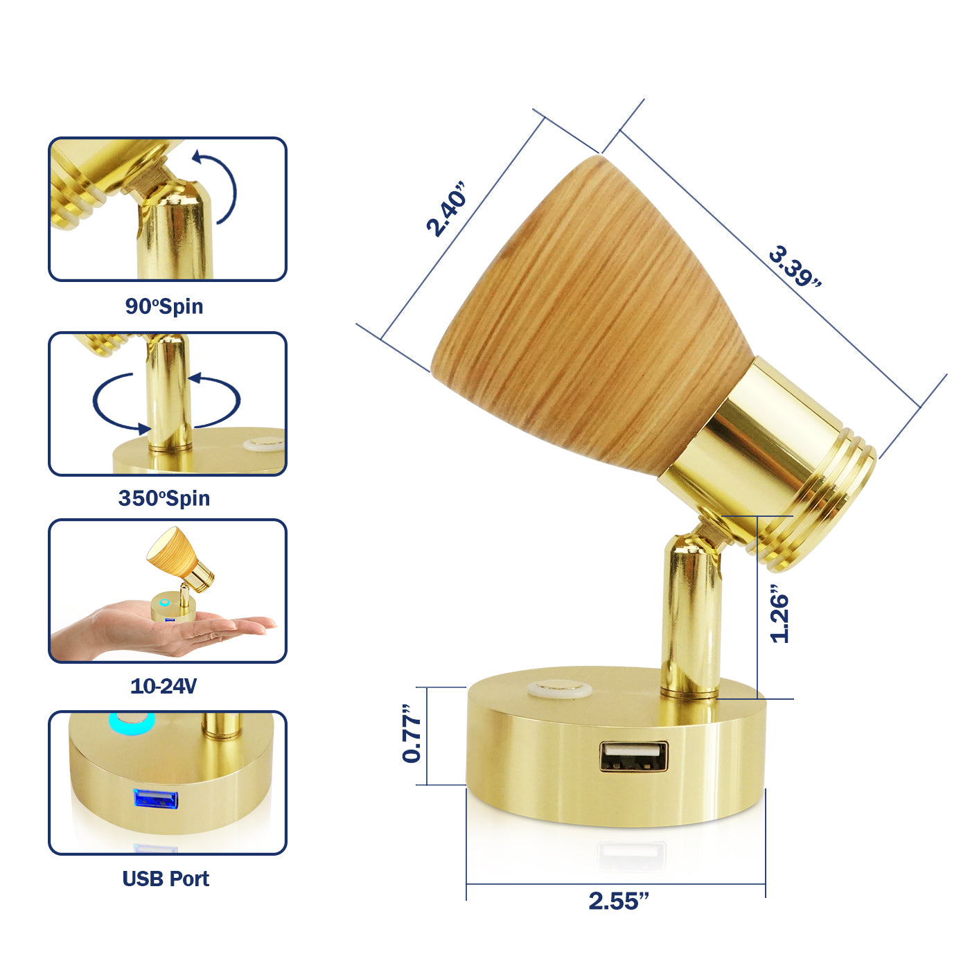 THALASSA 12V Reading Light Teak Color Glass Dimmer Touch Adjustable with/without USB Port - THALASSA