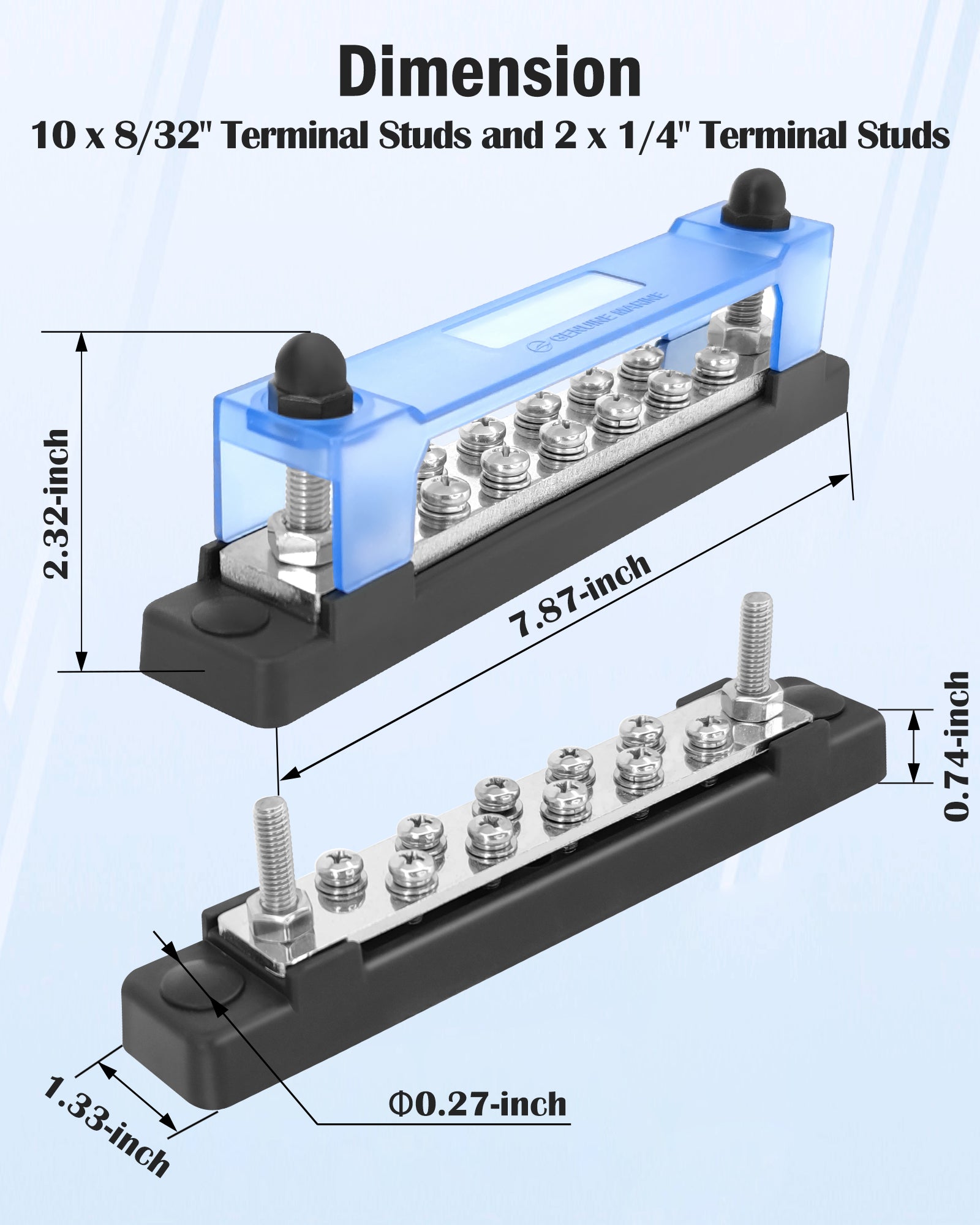 LENKRAD 2 Packs 150A Battery Bus Bar - 10 Terminal Power Distribution Block Bus Bars with Ring Terminals, 10 Way 8/32" Screws, 2 Way 1/4" Studs