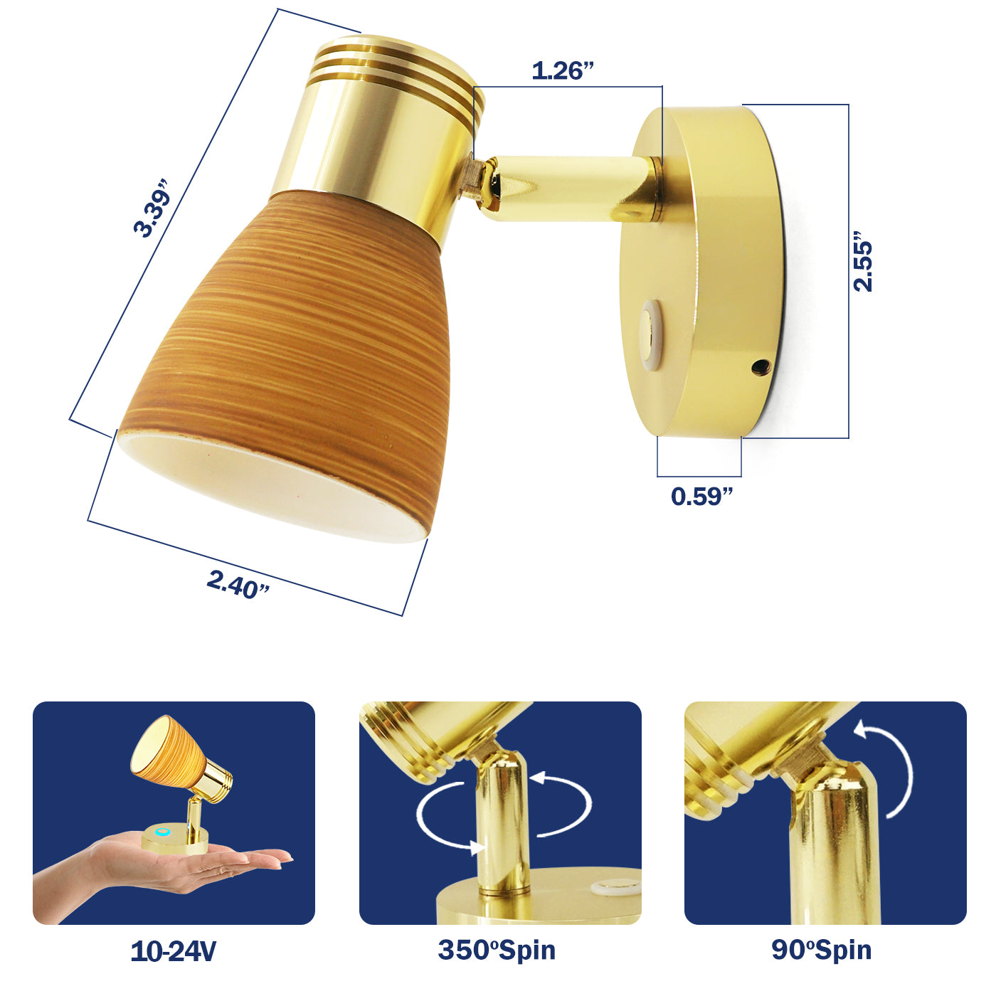 THALASSA 12V Reading Light Teak Color Glass Dimmer Touch Adjustable with/without USB Port - THALASSA