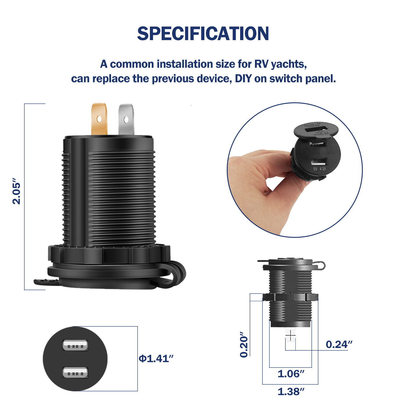 GenuineMarine 4.2A Dual Waterproof USB Charger Digital Voltmeter Universal for Yacht Boat - THALASSA