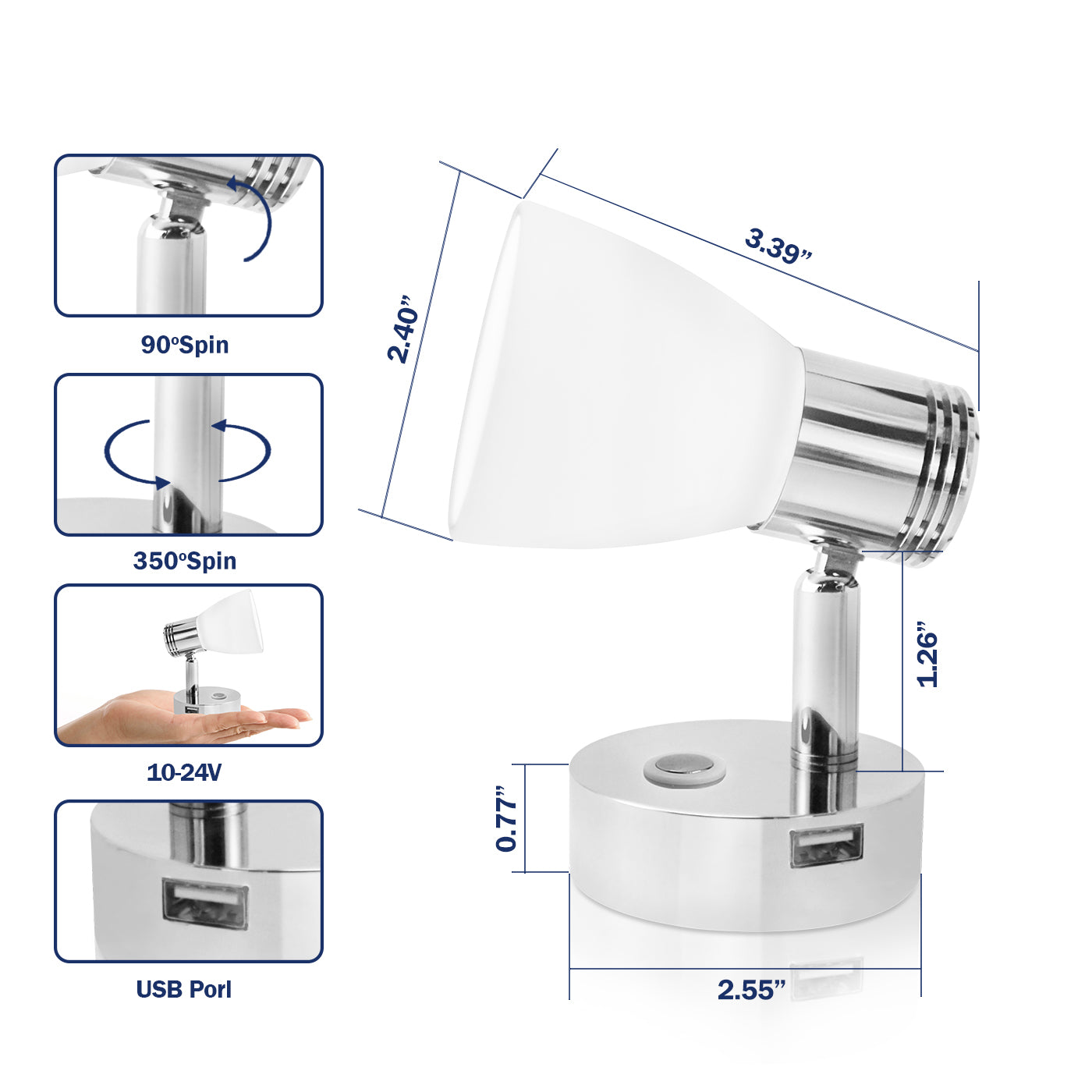 THALASSA 12V 3W Glass Shade Dimmer Reading Light with USB Port Warm White and In-build Switch - THALASSA