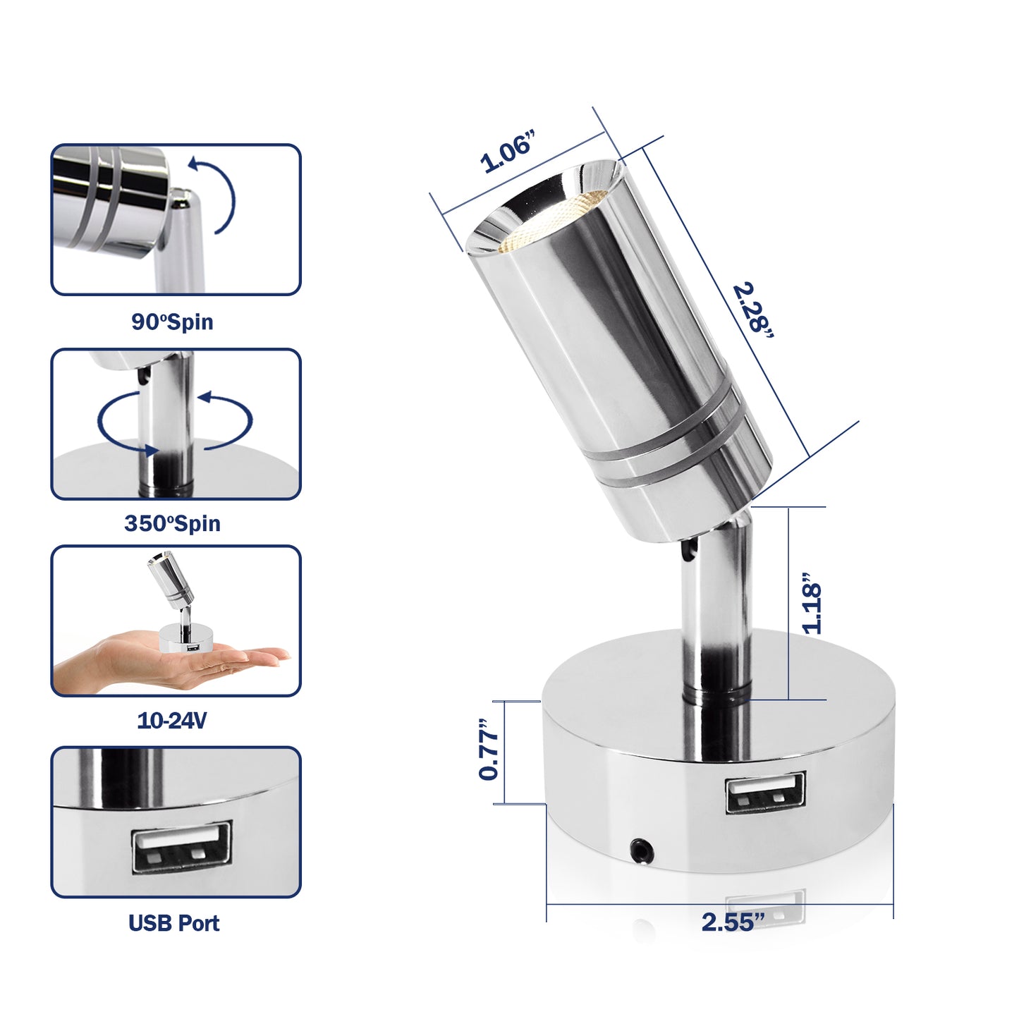 THALASSA 2pk Touch Adjustable Switch 90° LED Reading Light with USB for Yacht Ship Villa Hotel - THALASSA